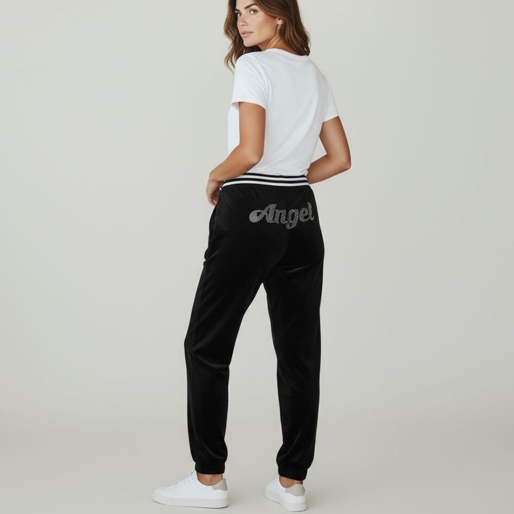 No Boundaries Angel Rhinestone Black Velveteen Joggers sz XL